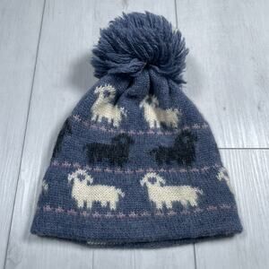 Vintage Eddie Bauer Lamb Wool Knit Ski Snowboard Cap Beanie Hat Blue Pompom